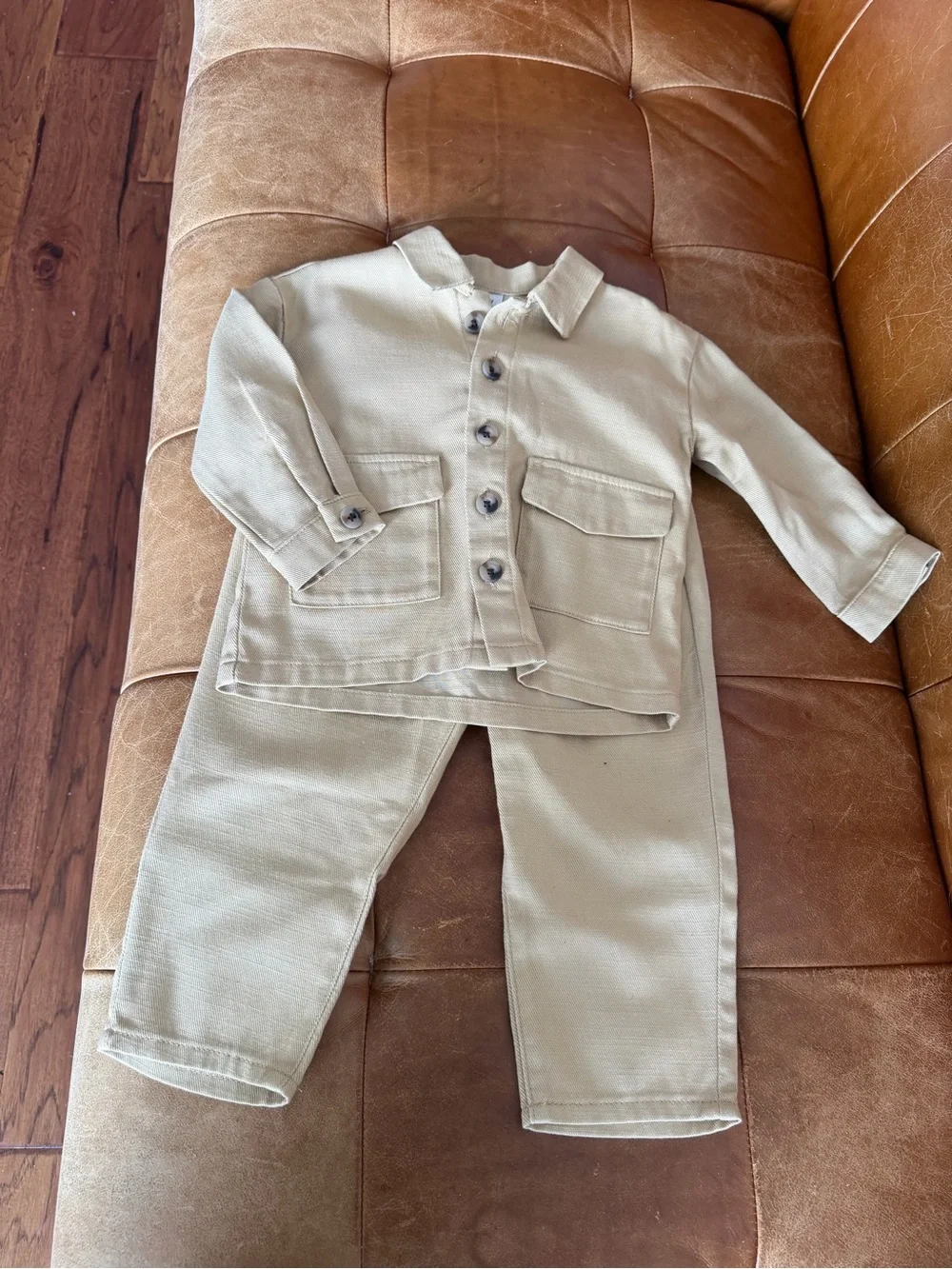 Kids Neutral Cream Button-Front Pants Set
